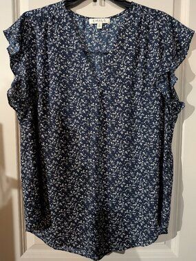 Women's Chaus Capped Ruffled Sleeve Blouse Blue & White L